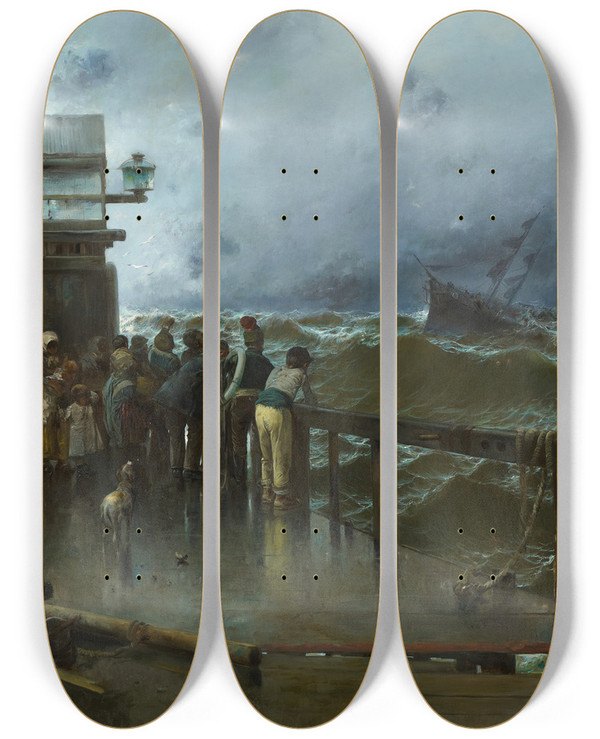 Triptych art skateboard deck of Jos Navarro Y Llorens Shipwreck Warning by Jose Navarro Y Llorens (1867-1923)