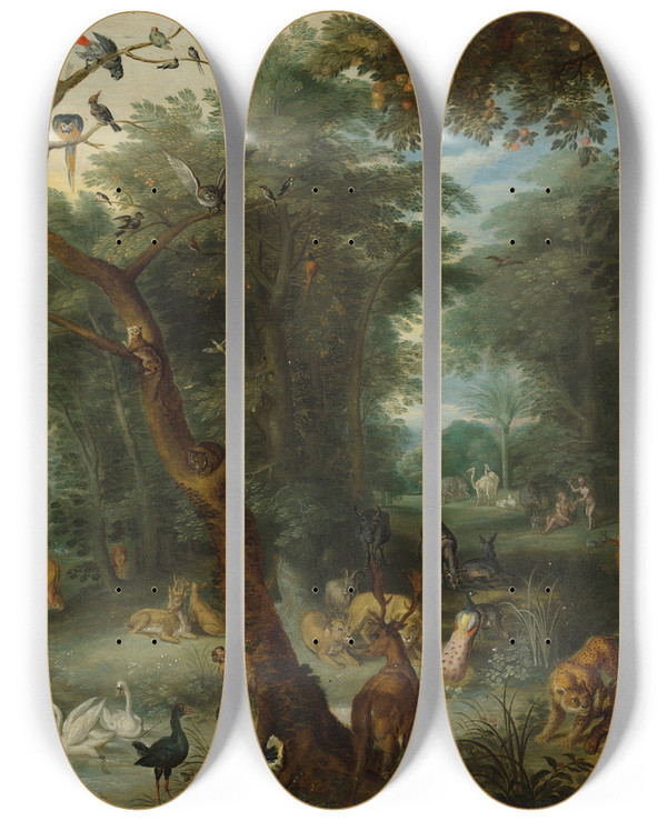 Triptych art skateboard deck of Jan Brueghel The Younger Paradise by Jan Brueghel the Younger (1601-1678)