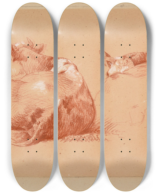 Triptych art skateboard deck of Jacquesraymond Brascassat Deux Tudes De Vache Couche by Jacques Raymond Brascassat (1804-1867)