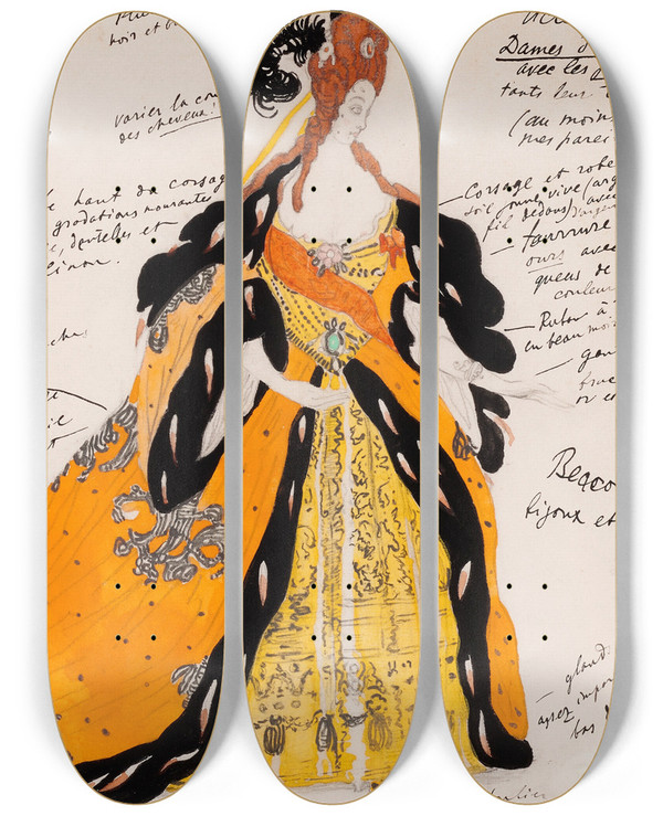 Triptych art skateboard deck of Lon Bakst Costume Design For La Belle Au Bois Dormant Dame Dhonneur Avec Le Page Portant Le Train by Leon Bakst (1866-1924)
