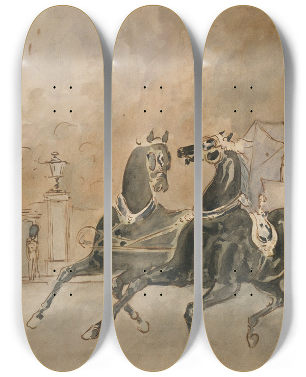 Triptych art skateboard deck of Constantin Guys A Carriage In London by Constantin Guys (1805-1892)