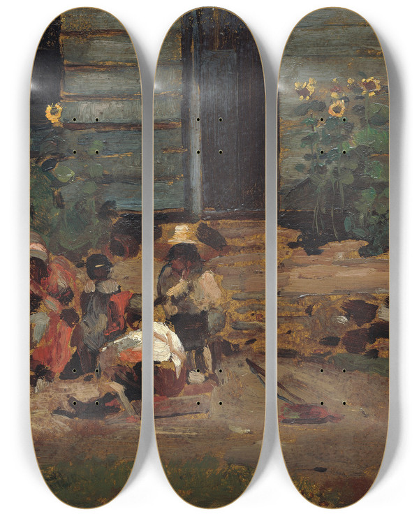 Triptych art skateboard deck of Winslow Homer Sketch Of A Cottage Yard by Winslow Homer (1836-1910)