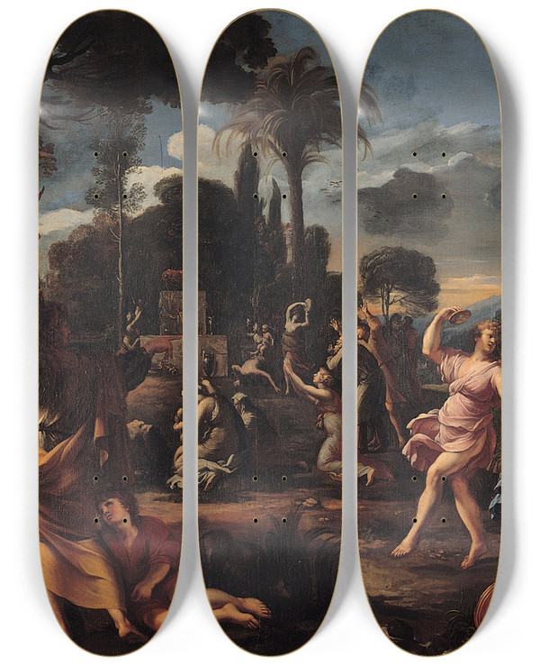 Triptych art skateboard deck of Franois Perrier Adoration Of The Golden Calf by Francois Perrier (1590-1650)