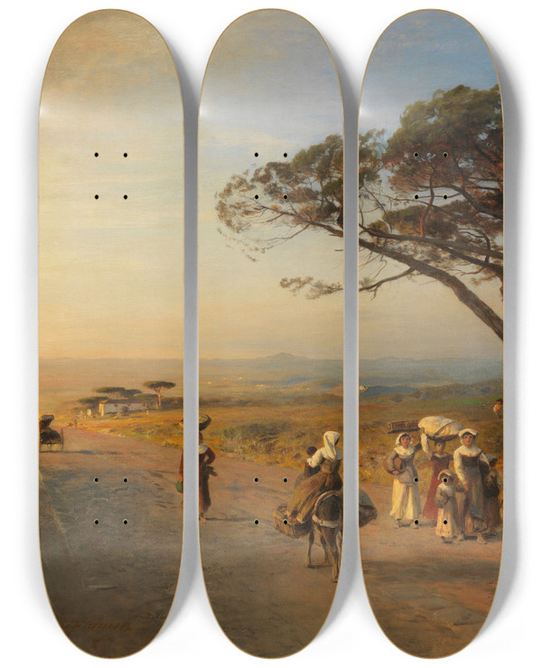 Triptych art skateboard deck of Albert Flamm Via Appia by Albert Flamm (1823-1906)
