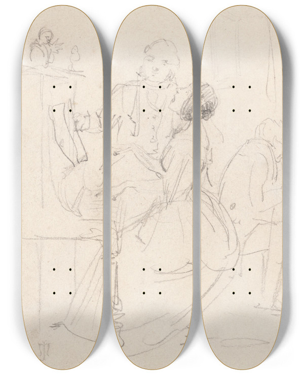 Triptych art skateboard deck of Sir John Everett Millais An Evening Party_2 by Sir John Everett Millais (1829-1896)
