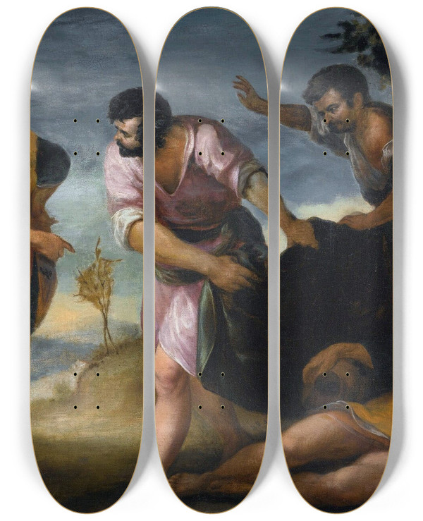 Triptych art skateboard deck of Juan Antonio De Frias Y Escalante The Drunkenness Of Noah by Juan Antonio De Frias Y Escalante (1633-1669)