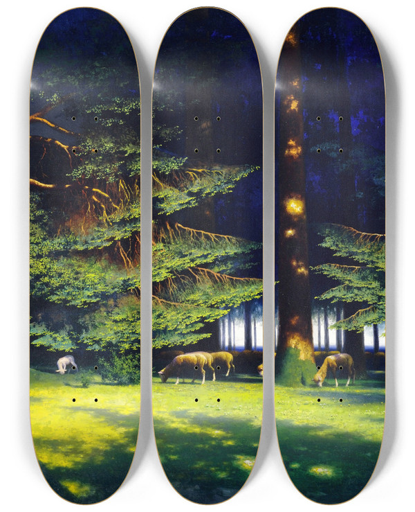 Triptych art skateboard deck of Paul Wilhelm Kellerreutlingen Waldinneres Mit Grasender Schafherde by Paul Wilhelm Keller-Reutlingen (1854-1920)