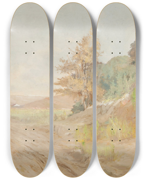 Triptych art skateboard deck of Antonio Parreiras Hazy Day by Antonio Parreiras (1860-1937)