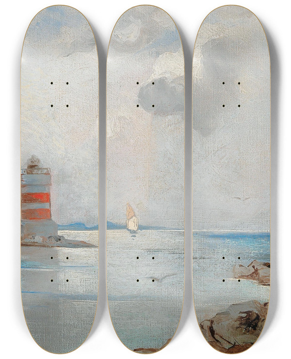 Triptych art skateboard deck of Leontine Von Littrow The Lighthouse by Leontine Von Littrow (1860-1914)