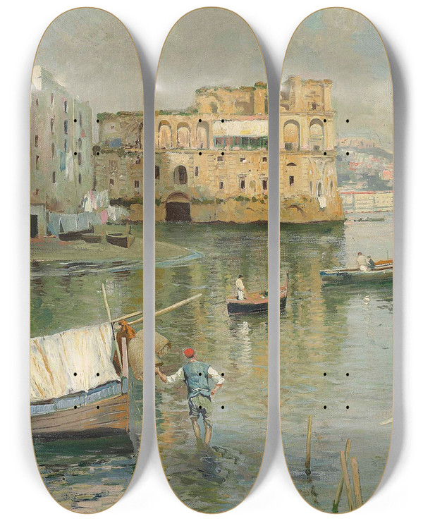 Triptych art skateboard deck of Attilio Pratella Palazzo Donnanna Naples by Attilio Pratella (1856-1949)
