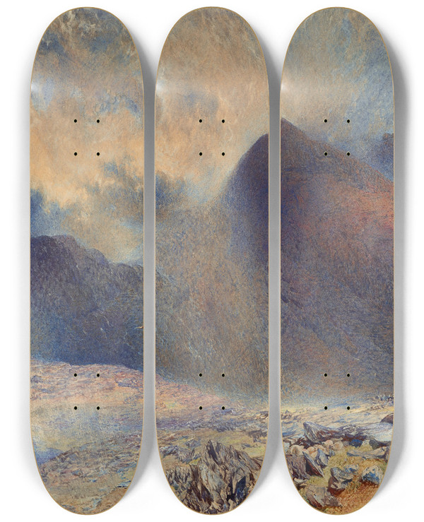 Triptych art skateboard deck of Alfred William Hunt Mount Snowdon Through Clearing Clouds by Alfred William Hunt (1830-1896)