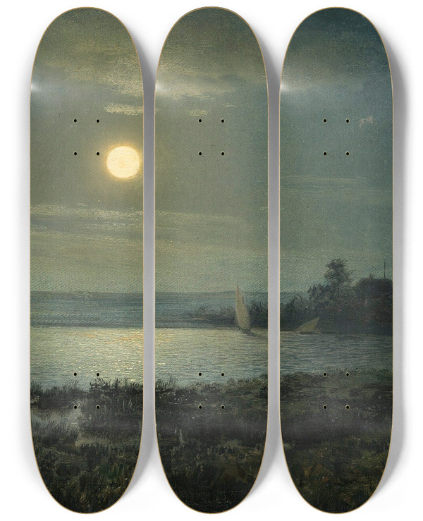 Triptych art skateboard deck of Gavril Pavlovich Kondratenko Moonrise Over The Lake by Gavril Pavlovich Kondratenko (1854-1924)