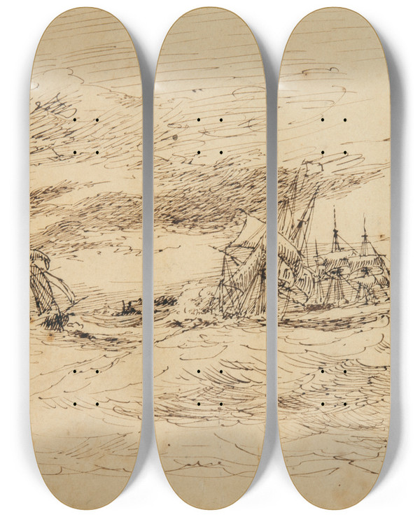 Triptych art skateboard deck of Anton Melbye Seascape by Anton Melbye (1818-1875)