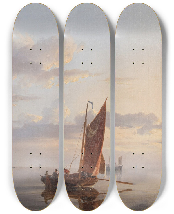 Triptych art skateboard deck of Hermanus Koekkoek Fishing In Calm Waters by Hermanus Koekkoek (1815-1882)