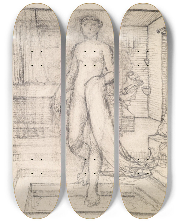 Triptych art skateboard deck of Sir Edward Coley Burnejones Cupid And Psyche Two Studies Of Venus On The Margin Of The Sea And Psyche At The Bath by Sir Edward Coley Burne-Jones (1833-1898)