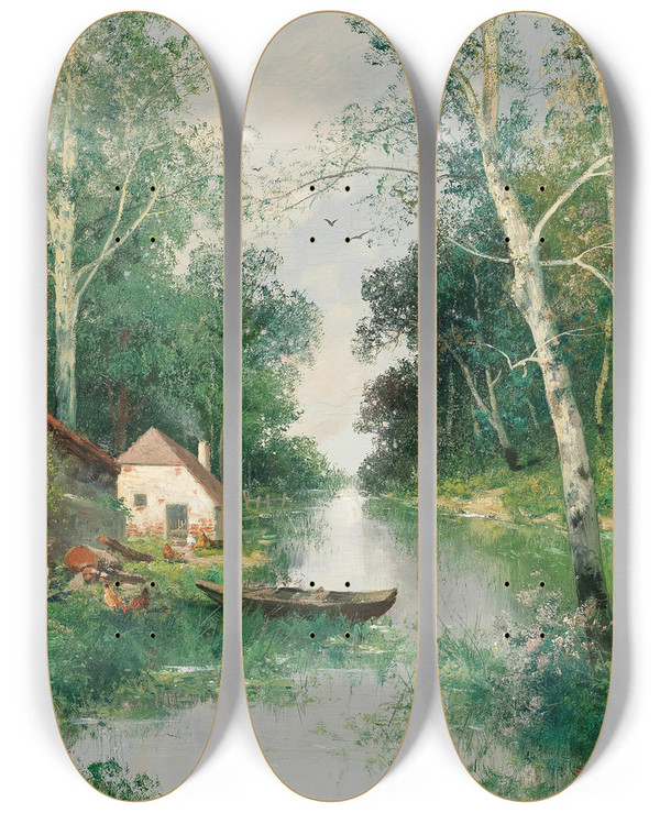 Triptych art skateboard deck of Adolf Kaufmann A River Landscape In Spring by Adolf Kaufmann (1848-1916)