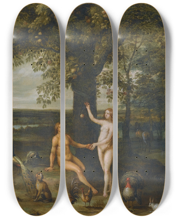 Triptych art skateboard deck of Isaac Van Oosten The Fall Of Man by Isaac Van Oosten (1613-1661)