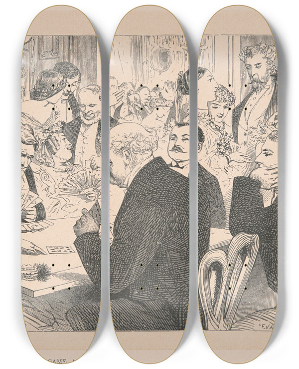 Triptych art skateboard deck of Florence Claxton A Game At Cards by Florence Claxton