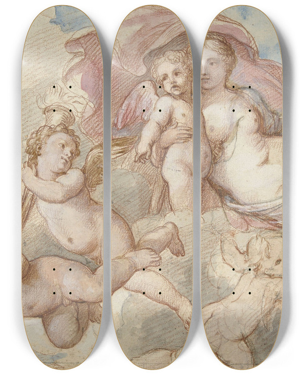Triptych art skateboard deck of Charlesjoseph Natoire Venus Met Amor En Putti by Charles Joseph Natoire (1700-1777)