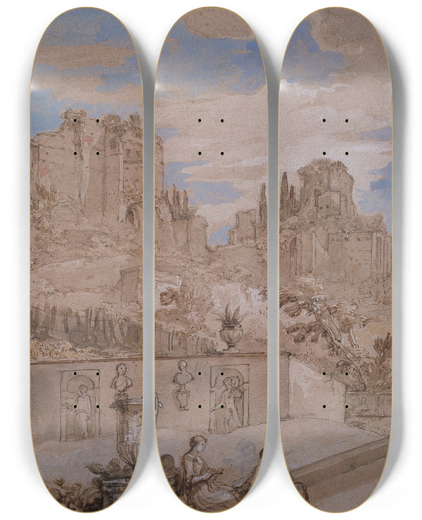 Triptych art skateboard deck of Charlesjoseph Natoire Villa Natoire by Charles Joseph Natoire (1700-1777)