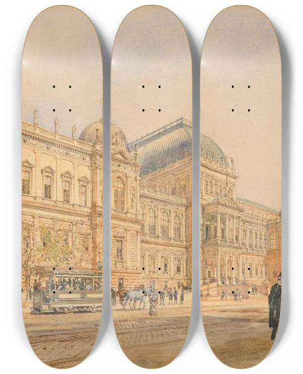 Triptych art skateboard deck of Rudolf Von Alt The University Of Vienna On The Ringstrasse With Horsedrawn Tram And Figures A View Of The Building Still Under Construction In 1878 Erected By Heinrich Von Ferstel 18731884 by Rudolf Von Alt (1812-1905)