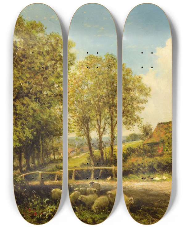 Triptych art skateboard deck of Benjamin Williams Leader Spring Cottage With Shepherd And Flock by Benjamin Williams Leader (1831-1923)