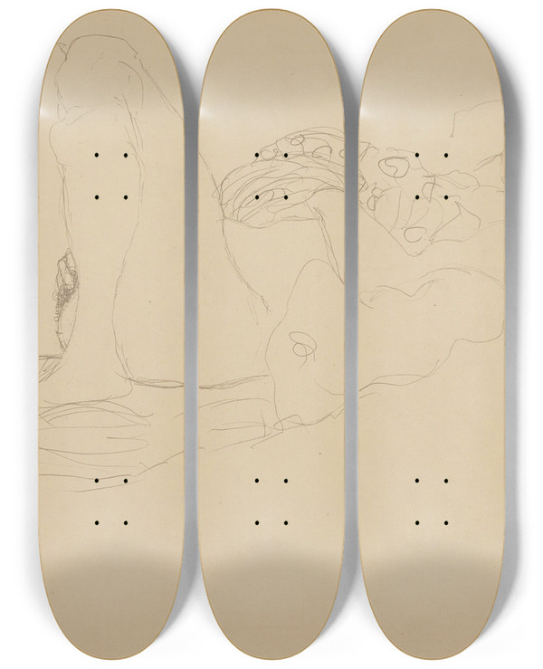 Triptych art skateboard deck of Gustav Klimt Liegender Halbakt Nach Rechts_2 by Gustav Klimt (1862-1918)