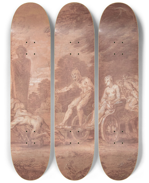 Triptych art skateboard deck of Claude Gillot The Stalled Procession by Claude Gillot (1673-1722)