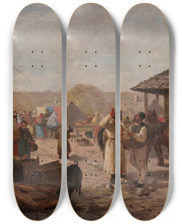 Triptych art skateboard deck of Seweryn Bieszczad Fair In A Small Town by Seweryn Bieszczad (1852-1923)