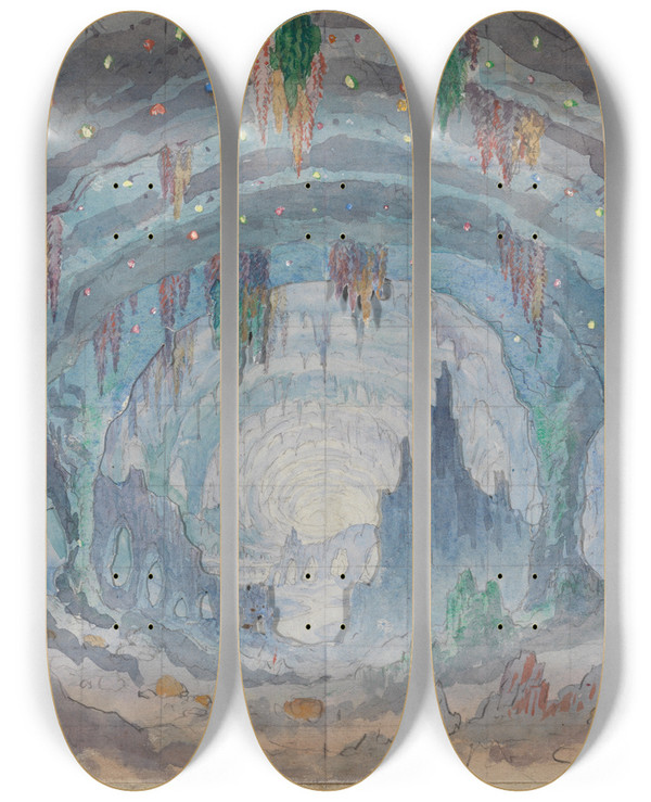 Triptych art skateboard deck of Thomas Grieve Design For A Blue Grotto by Thomas Grieve