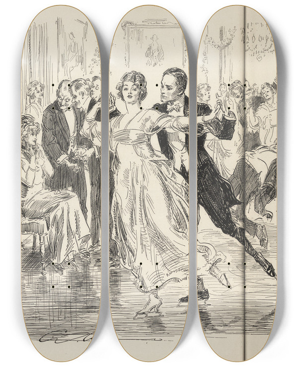 Triptych art skateboard deck of Charles Dana Gibson The Latest Craze by Charles Dana Gibson (1867-1944)