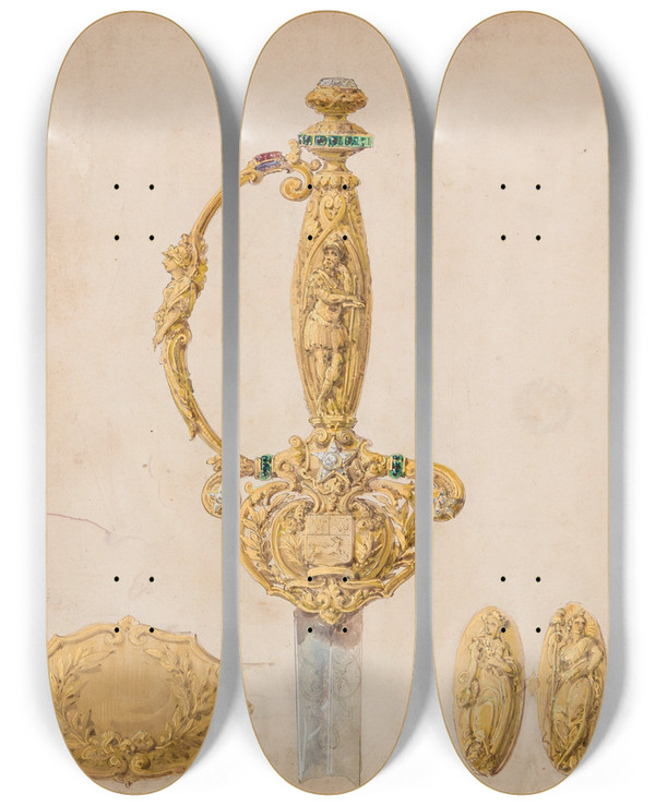 Triptych art skateboard deck of Eugne Julienne Design For A Sword Hilt Scabbard And Belt Fittings by Eugene Julienne (1800-1874)