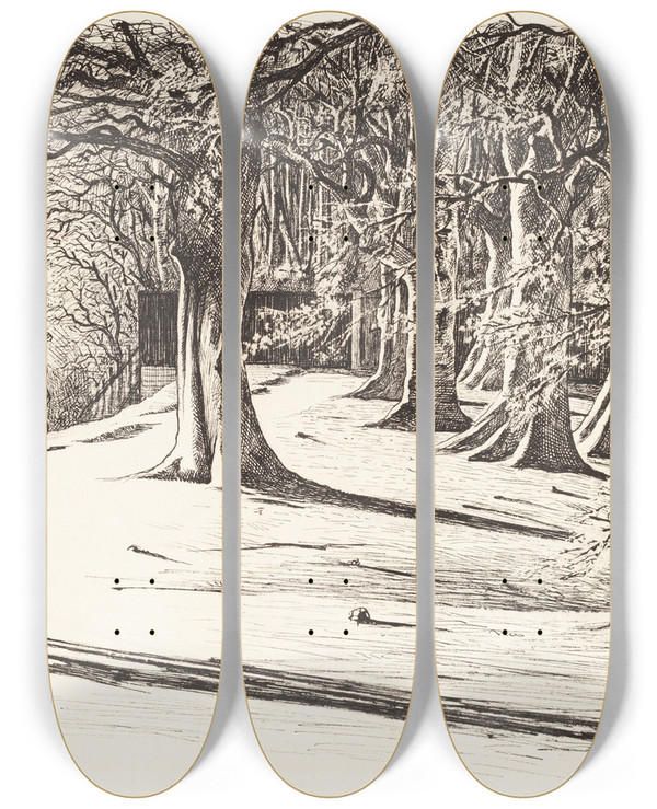 Triptych art skateboard deck of George Du Maurier Two Children In The Snow by George Du Maurier (1834-1896)