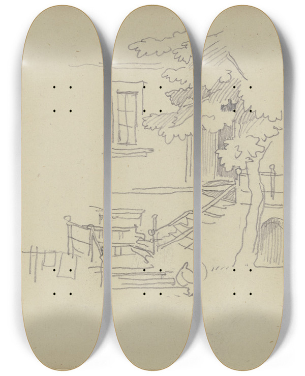 Triptych art skateboard deck of Wilhelm Busch Stairway In The Hunsrck by Wilhelm Busch (1832-1908)
