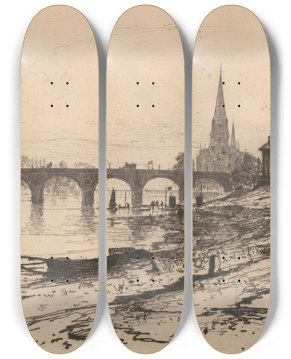 Triptych art skateboard deck of David Young Cameron Perth Bridge by David Young Cameron (1865-1945)