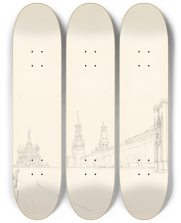 Triptych art skateboard deck of Alfred Gomersal Vickers Red Square Moscow by Alfred Gomersal Vickers