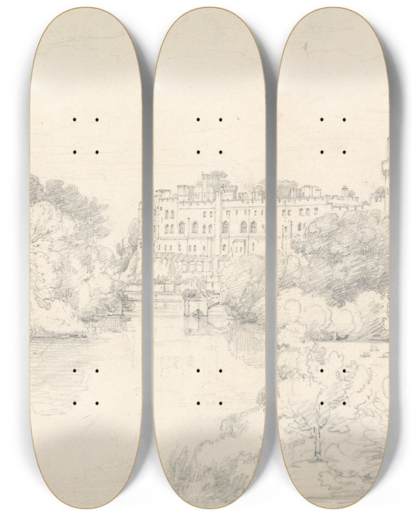 Triptych art skateboard deck of Henry Edridge Warwick Castle From The New Bridge by Henry Edridge (1769-1821)