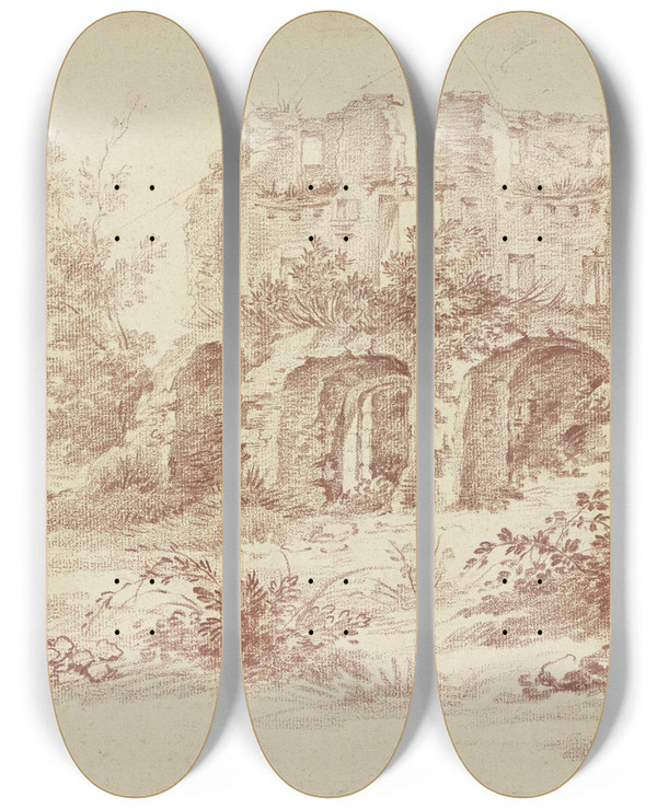 Triptych art skateboard deck of Jacques Dumont View Of A Ruin by Jacques Dumont (1704-1781)
