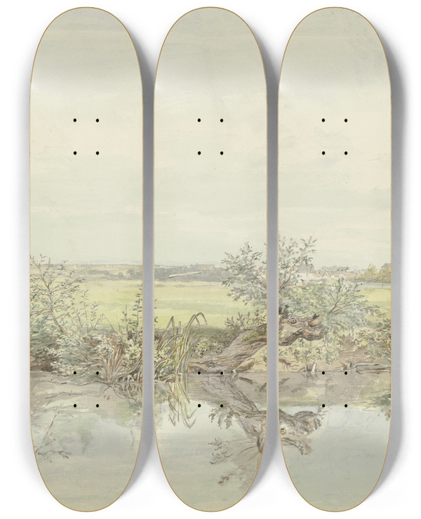 Triptych art skateboard deck of Carl Morgenstern Blick Auf Die Nied Bei Rdelheim by Carl Morgenstern (1811-1893)