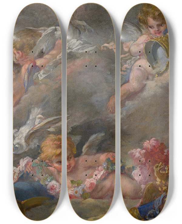 Triptych art skateboard deck of Follower Of Franois Boucher Putti by Follower Of Francois Boucher (1703-1770)