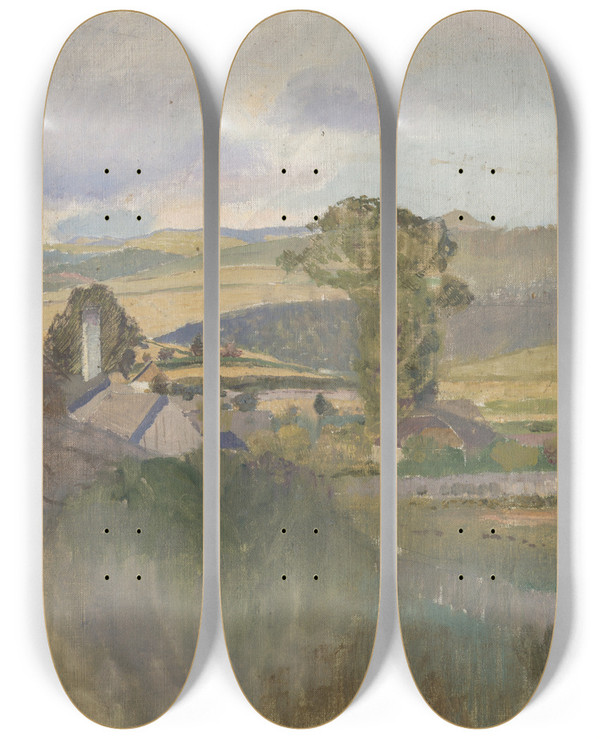 Triptych art skateboard deck of Ladislav Mednynszky Village Below The Tatras by Ladislav Mednyanszky (1852-1919)