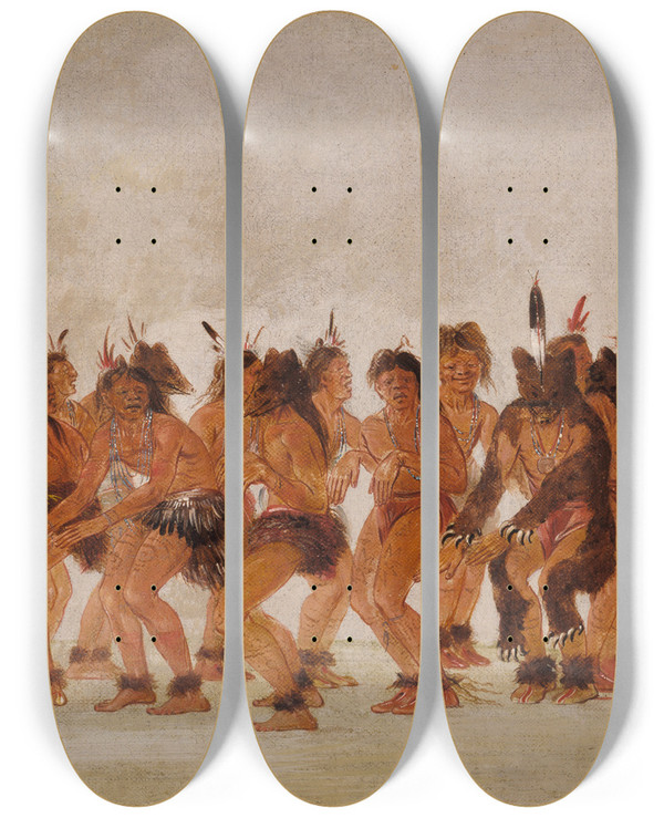 Triptych art skateboard deck of George Catlin Bear Dance Preparing For A Bear Hunt by George Catlin (1796-1872)