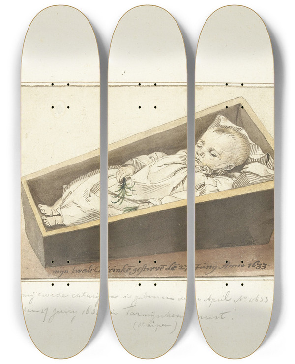 Triptych art skateboard deck of Gerard Ter Borch Catherina Ter Borch In Haar Doodskistje by Gerard Ter Borch (1617-1681)