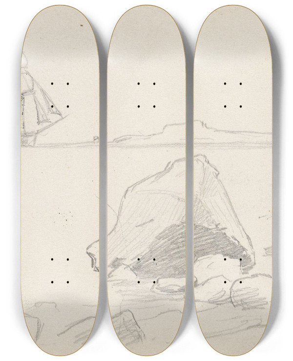 Triptych art skateboard deck of Hans Gude Skip Utenfor Vally by Hans Gude (1825-1903)
