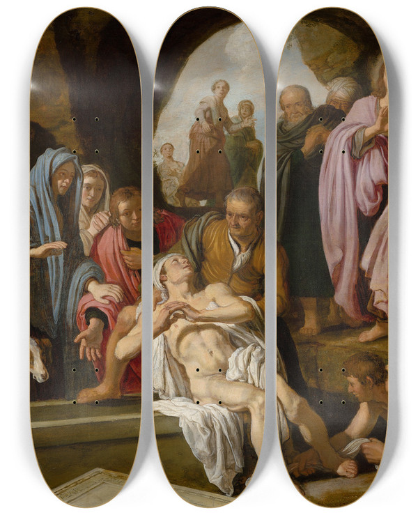 Triptych art skateboard deck of Pieter Lastman The Raising Of Lazarus by Pieter Lastman (1583-1633)