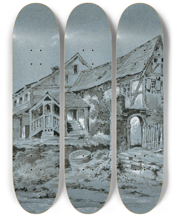 Triptych art skateboard deck of Pieter Van Loon Buitenhuis Aan Een Rivier by Pieter Van Loon (1801-1873)