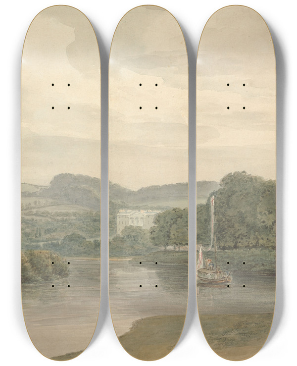 Triptych art skateboard deck of Samuel Davis River Scene With An Unidentified Country House by Samuel Davis (1757-1819)