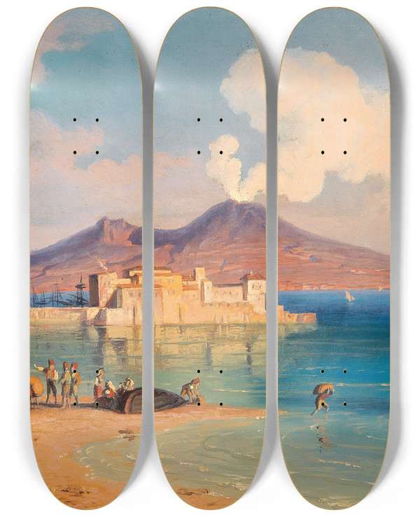 Triptych art skateboard deck of Edmund Von Wrndle View From The Riviera Di Chiaia To The Castel Dellovo Naples by Edmund Von Worndle (1827-1906)
