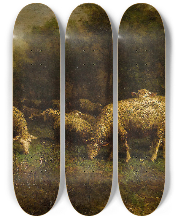 Triptych art skateboard deck of Thomas Bigelow Craig Sheep At Pasture by Thomas Bigelow Craig (1849-1924)