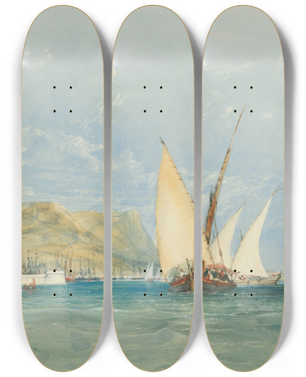 Triptych art skateboard deck of James Holland Coast Scene With Sailing Boats by James Holland (1800-1870)
